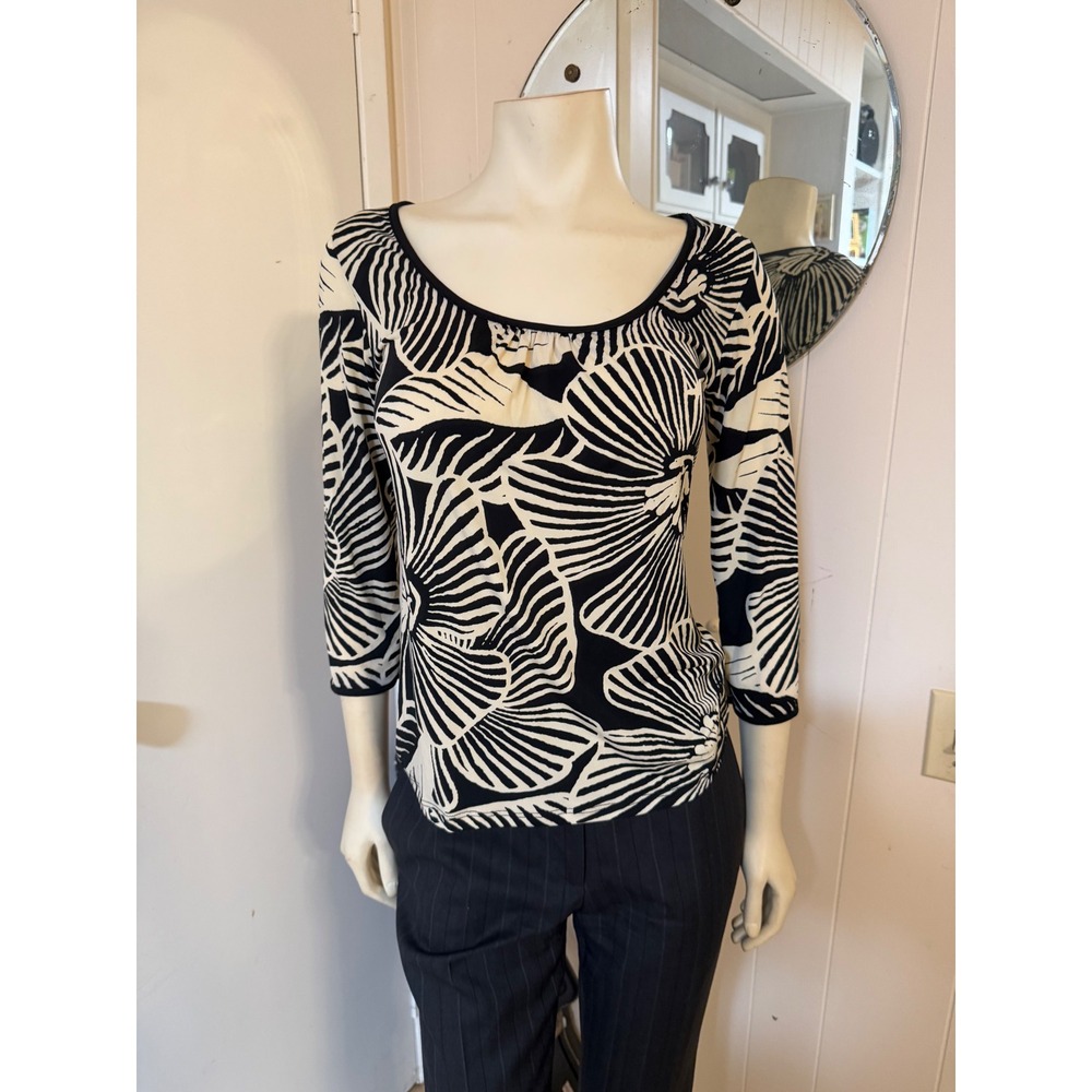 Papillon Blanc Womens Black Cream Floral Shell Print 3/4 Sleeve Scoop Neck Top